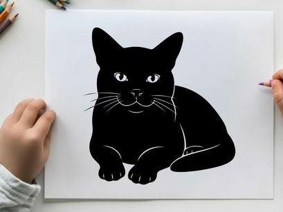 Black cat silhouette with piercing eyes and whiskers on white background