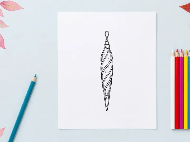 Silver and blue striped Christmas teardrop ornament hanging on white background