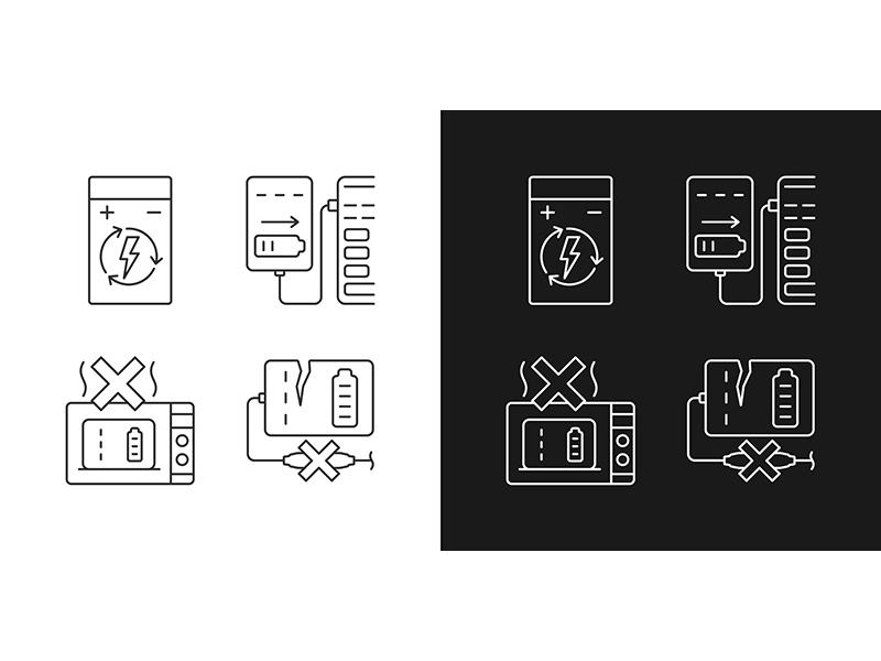 Effective charger use linear manual label icons set for dark and light mode