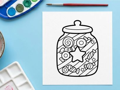 Tarro de galleta de Halloween lleno de dulces espeluznantes. Clásico recipiente de cerámica para dulces decorado con fantasmas, estrellas y murciélagos para hornear festivo.