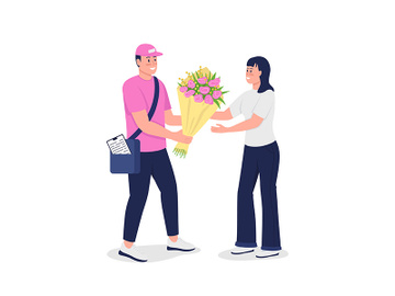 Happy delivery man give woman bouquet flat color vector detailed characters preview picture