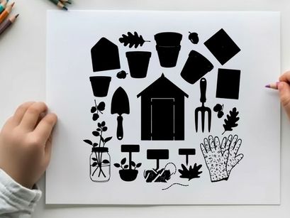 Gardening tools and plants in silhouette style illustration