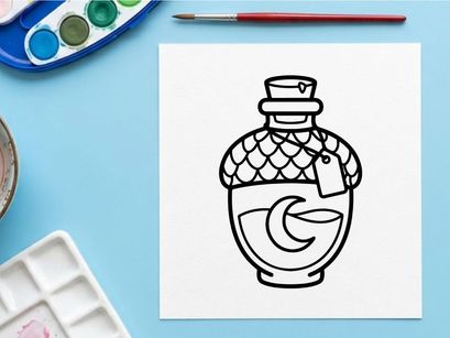 Magic potion bottle icon. Witchcraft elixir flask with moon symbol for Halloween design.