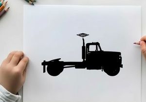 Silhouette of a semi truck with red stop sign on a white background