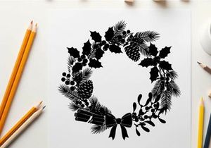 Christmas wreath silhouette with pinecones and ribbons
