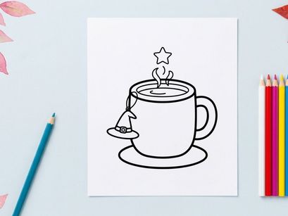 Halloween coffee mug coloring page. Witch hat icon with hot beverage line art illustration.