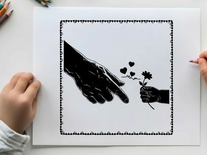 Silhouette of hands exchanging a flower with hearts