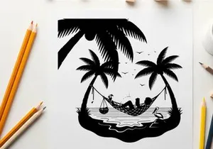Couple relaxing in hammock between palm trees silhouette