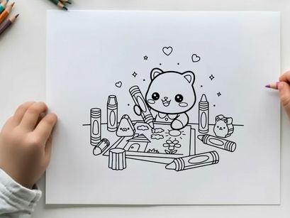 Cute teddy bear drawing with art supplies vector illustration