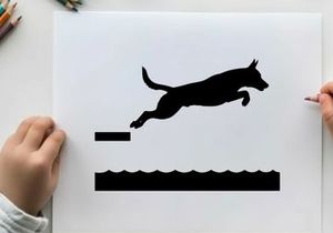Dog silhouette jumping over an obstacle silhouette