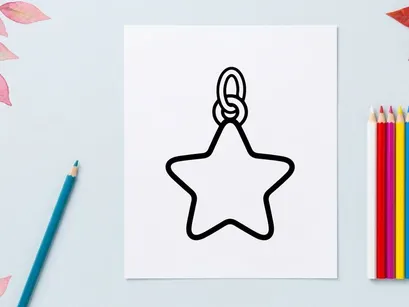 Handgezeichnetes schwarzes Stern-Anhänger-Amulett an einer Seilkette. Minimalistisches skizziertes Symbol für Mode und Handwerk.