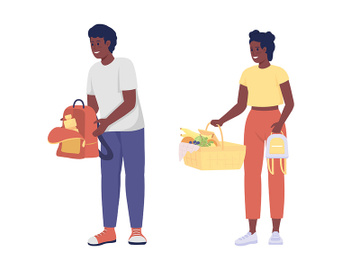 Teenagers showing food for picnic semi flat color vector characters set preview picture