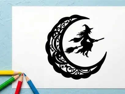 Silhouette einer Hexe, die auf einem Besen bei Nacht fliegt mit Sichelmond