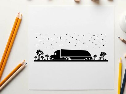 Truck silhouette driving under starry night sky with trees