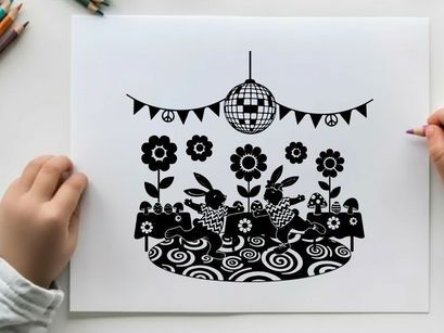 Party rabbits dancing under disco ball silhouette