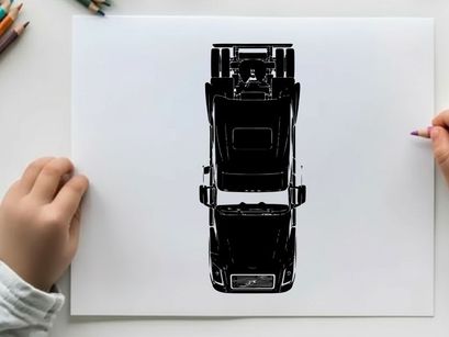 Silhouette of a semi truck from above in black and white