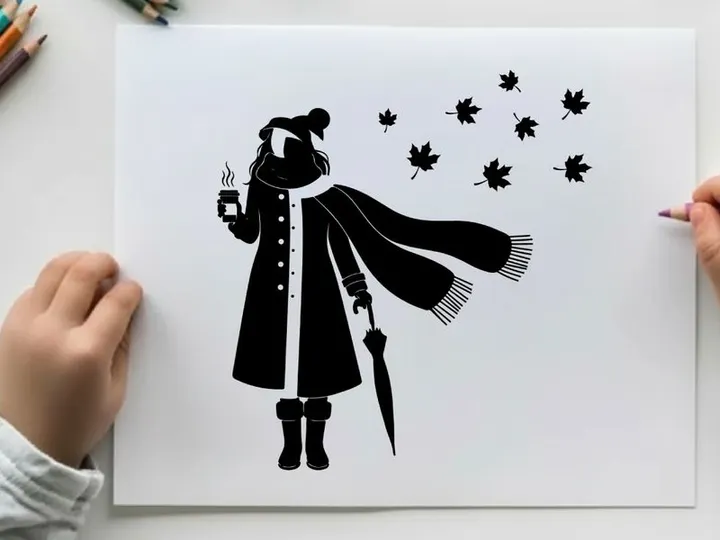 Silhouette of a person in winter clothes holding umbrella
