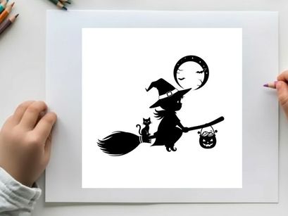 Silhouette of a witch flying on a broomstick with cat and jack o lantern