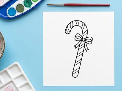 Christmas candy cane line art illustration with a decorative bow for holiday design