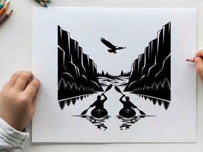 Silhouette of two kayakers paddling through a scenic river gorge silhouette