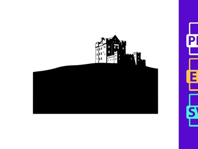 Medieval castle silhouette at dusk dramatic black and white