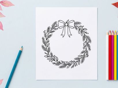 Guirnalda navideña dibujada a mano con ramas de pino y lazo blanco para decoración festiva de temporada