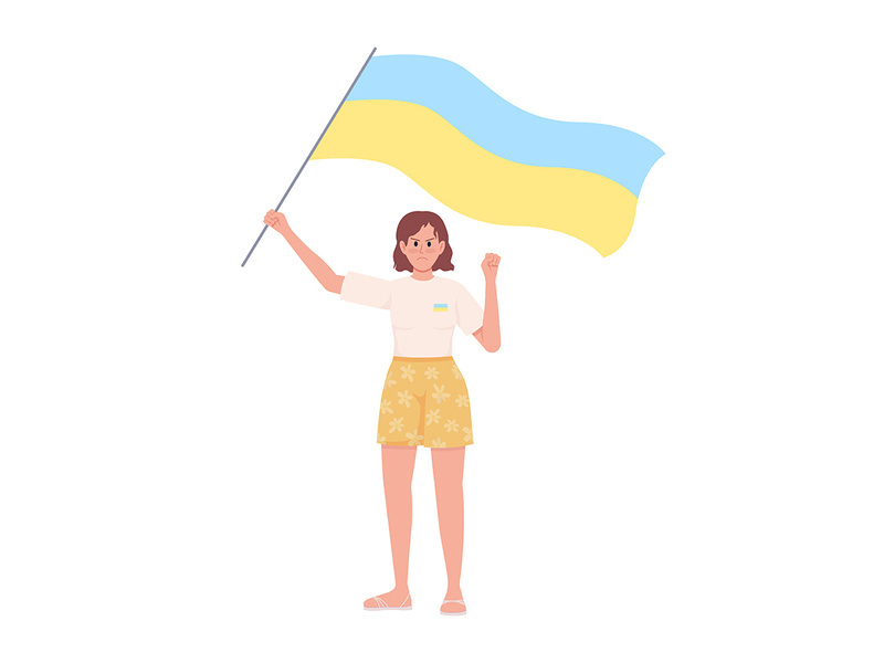 Lady holding Ukrainian flag semi flat color vector character