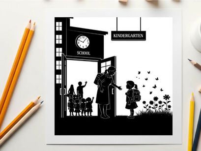 Silhouette of children and teacher outside kindergarten school entrance
