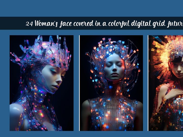 Womans face covered in a colorful digital grid futuristic