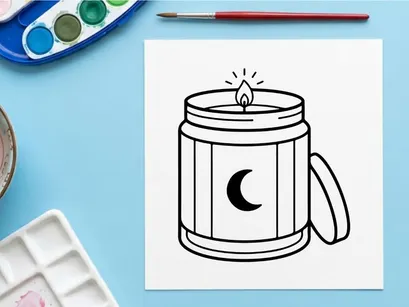 Vela perfumada com ícone de lua. Ilustração minimalista de linha de uma jarra de cera queimando.