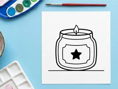 Hand-drawn Halloween jar candle holder with glowing flame. Spooky mason jar decoration featuring a black star for festive autumn celebrations.