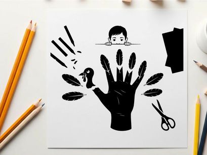 Silhouette of a hand with feathers and a child