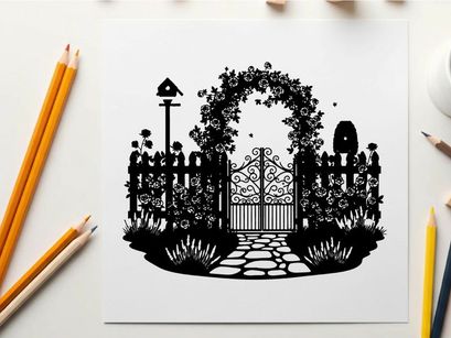 Silhouette of a garden gate with floral arch silhouette