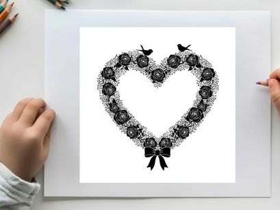Heart shaped wreath silhouette with roses and birds