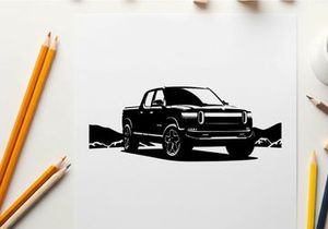 Silhouette of a pickup truck in a scenic landscape with mountains silhouette