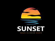 Sunset Logo, Beach Design, River And Sun Illustration, Vector Enjoying The Twilight