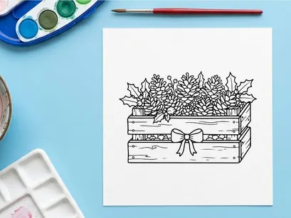 Caixa de madeira para plantas de Natal desenhada à mão, preenchida com vegetação festiva e um laço decorativo