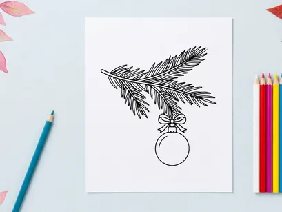 Christmas tree branch with hanging bauble ornament, hand drawn festive line art illustration.