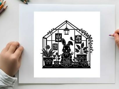 Silhouette of a rabbit in a greenhouse with plants and decorations silhouette