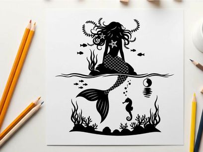 Mermaid silhouette sitting underwater with seahorse and fish