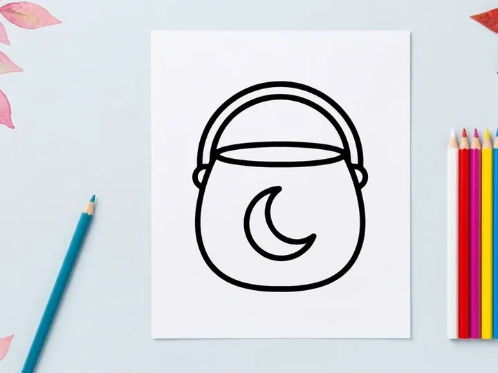 Icono de cubo de dulces de Halloween. Gráfico de caldero de truco o trato con diseño de luna creciente.
