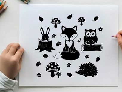 Whimsical forest creatures in silhouette with mushrooms and flowers