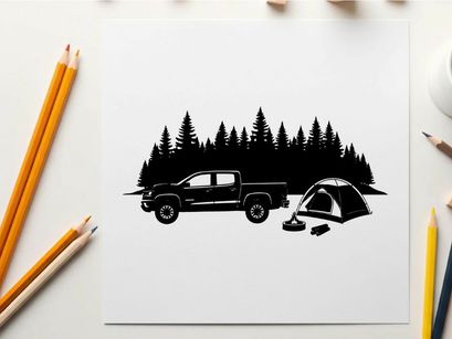 Camping silhouette with truck and tent in forest