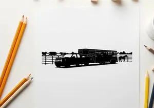 Silhouette of a horse trailer and horses in a rural setting