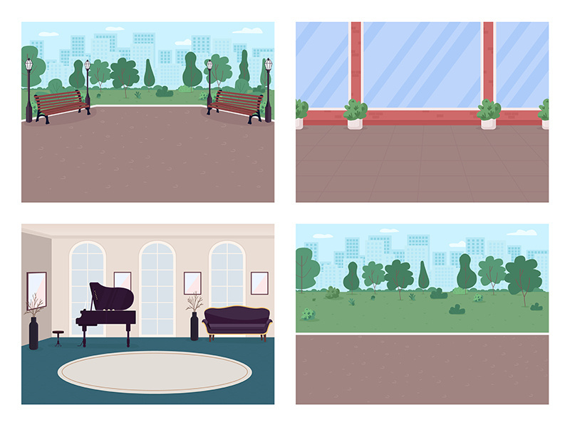 Urban street and luxury house flat color vector illustration set