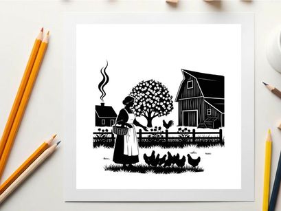 Silhouette of woman feeding chickens on a farm with barn and tree