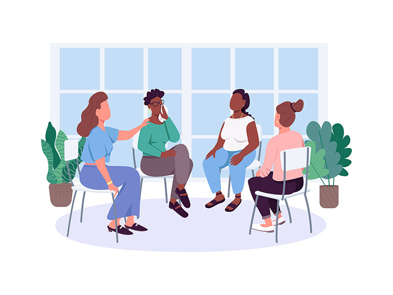 Women social support group flat color vector faceless characters