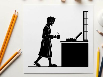 Man in silhouette walking with coffee by a desk
