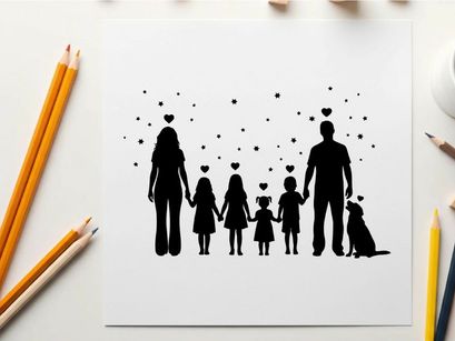 Silhouette of a loving family with children and dog surrounded by hearts