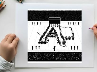 Silhouette of people forming a large letter a with a conductor